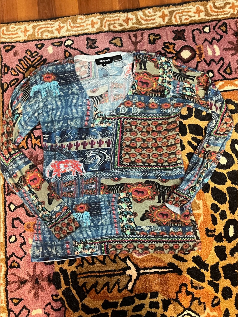 Boho Desigual Patchwork Long-Sleeve Top in Multicolor